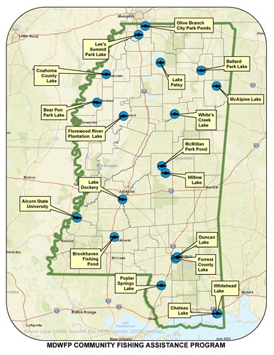 Map of MDWFP Community Fish Assistance Program lakes