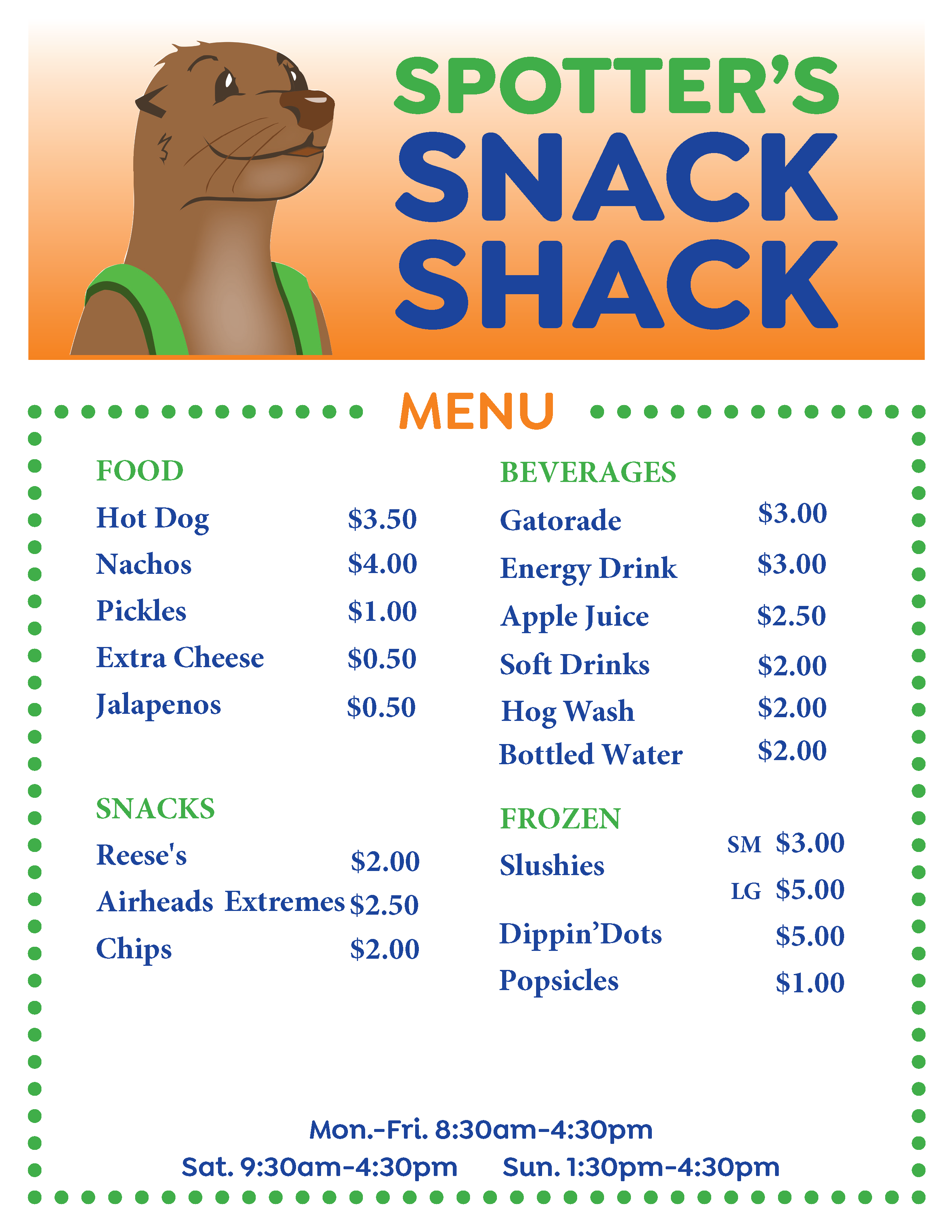 Spotter's Snack Shack Menu