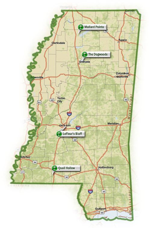 Map of golf course locations in Mississippi