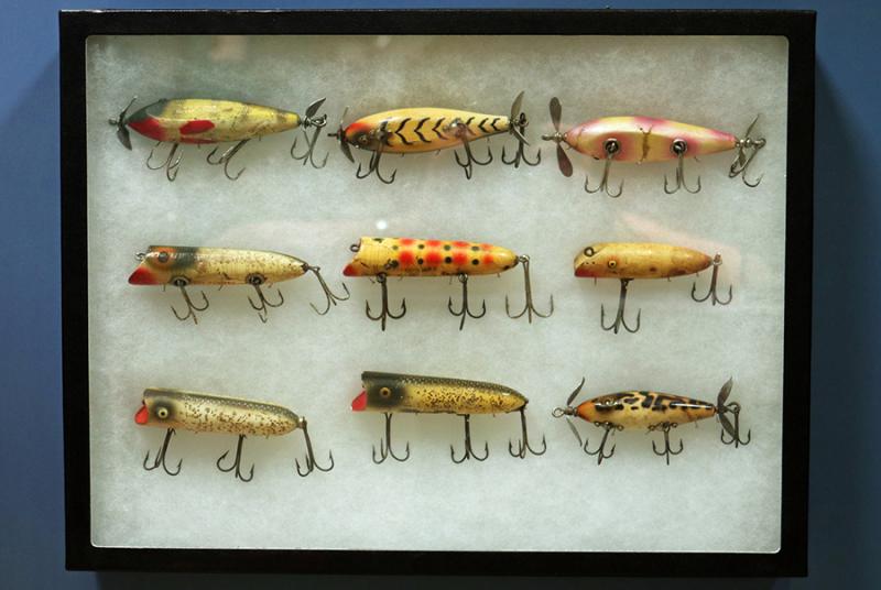 Antique lures in shadow box at the Bob Tyler Fish Hatchery Visitor Education Center